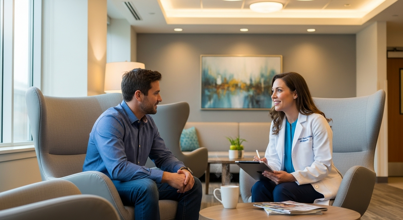 A doctor uses a tablet to generate Precise SOAP notes from a patient conversation.